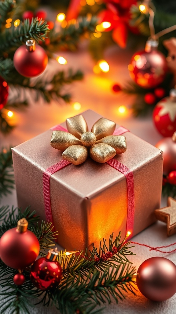 A festive Christmas gift box with decorations, symbolizing thoughtful gift ideas for a boyfriend.